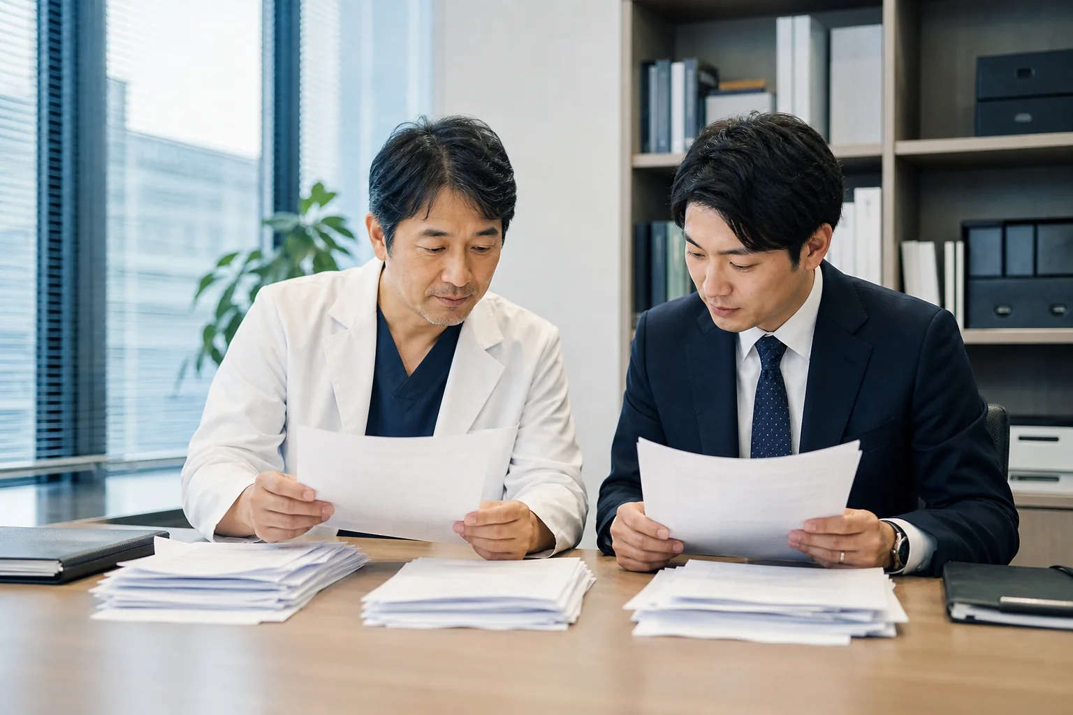 医師とアドバイザーが収入・経費・納税資金を整理する様子