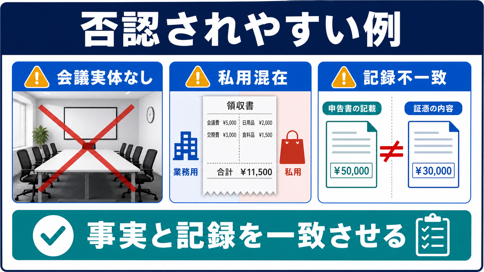 会議費・交際費で否認されやすい例の要点を整理した図