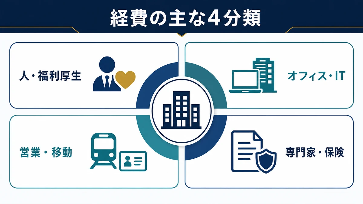 会社で経費にできるもの一覧【法人の勘定科目別】の要点を整理した図