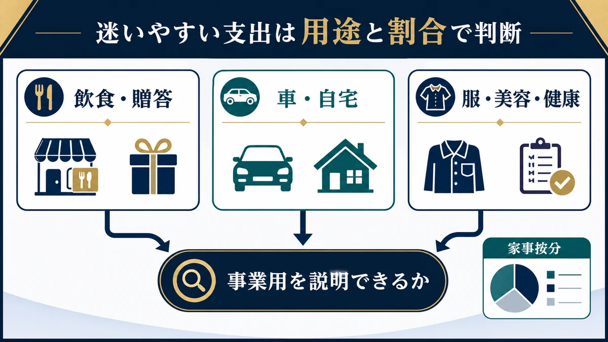 グレーゾーンの経費｜飲食・社宅・社用車・スーツの判断の要点を整理した図