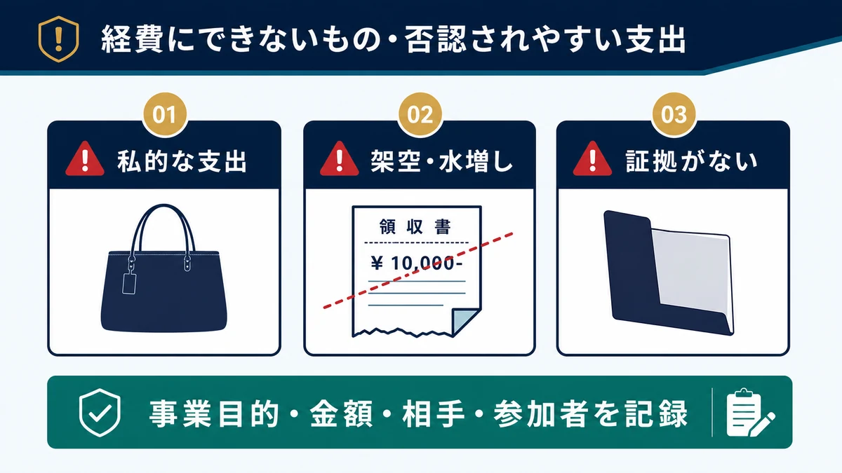 会社で経費にできないもの一覧｜税務調査で否認されやすいNG例の要点を整理した図