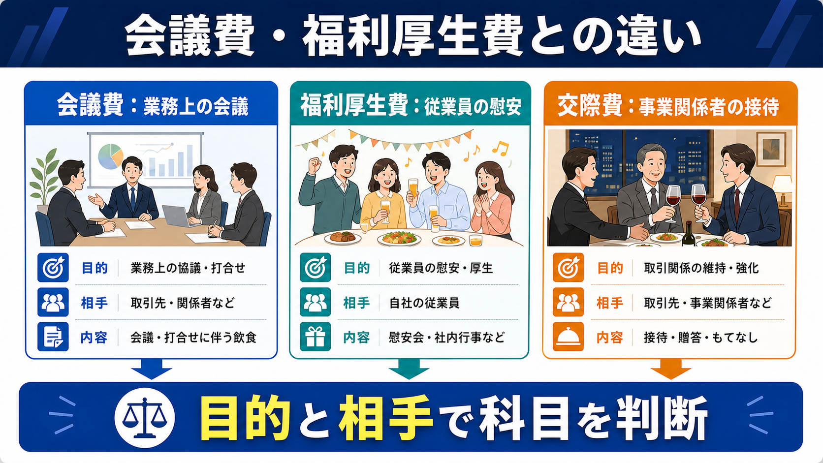 会議費・福利厚生費と交際費の違いの要点を整理した図