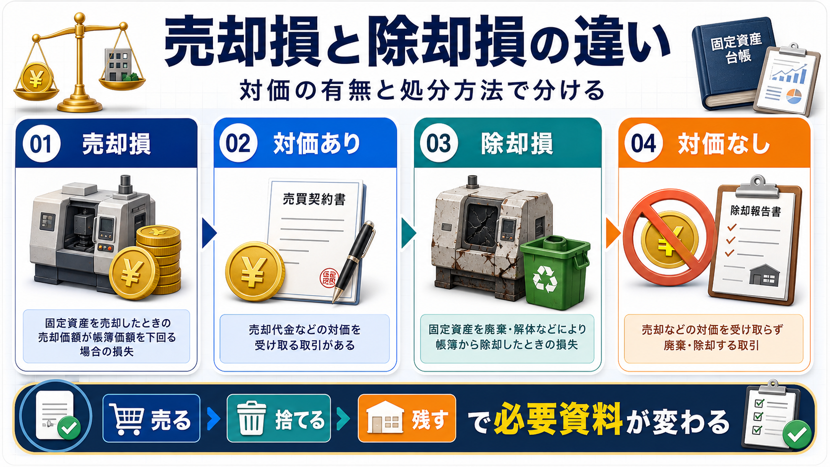 固定資産売却損の「売却損と除却損の違い」を整理した図解