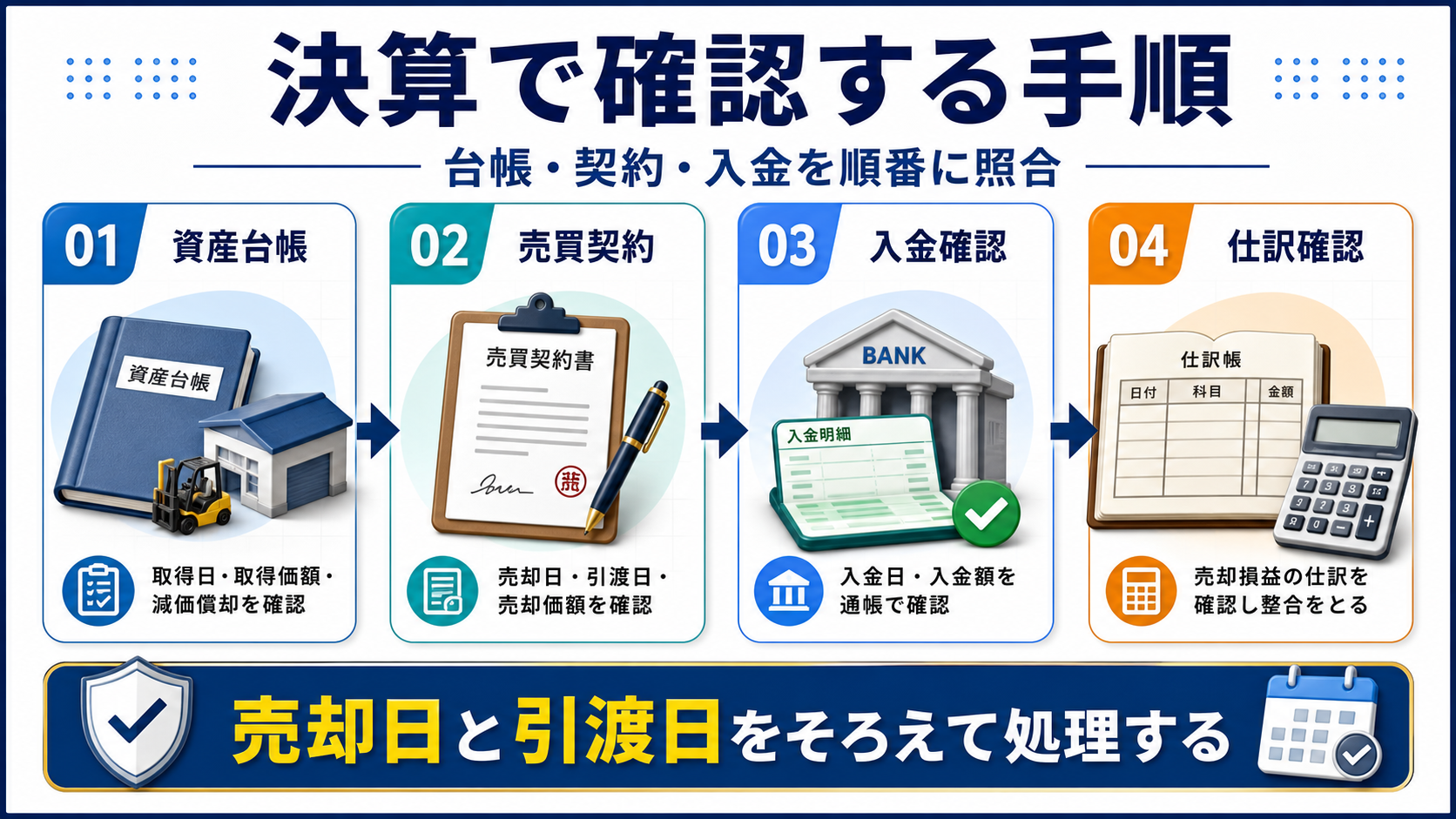固定資産売却損の「売却損を決算で確認する手順」を整理した図解
