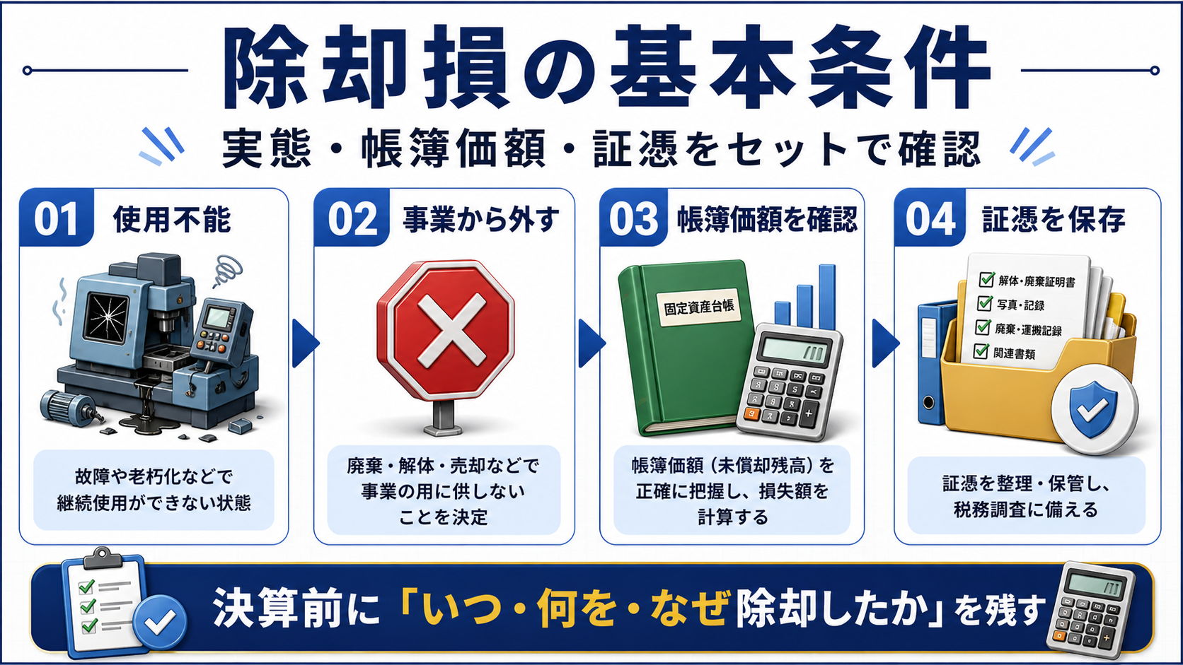 固定資産除却損が損金になる基本条件の要点を整理した図