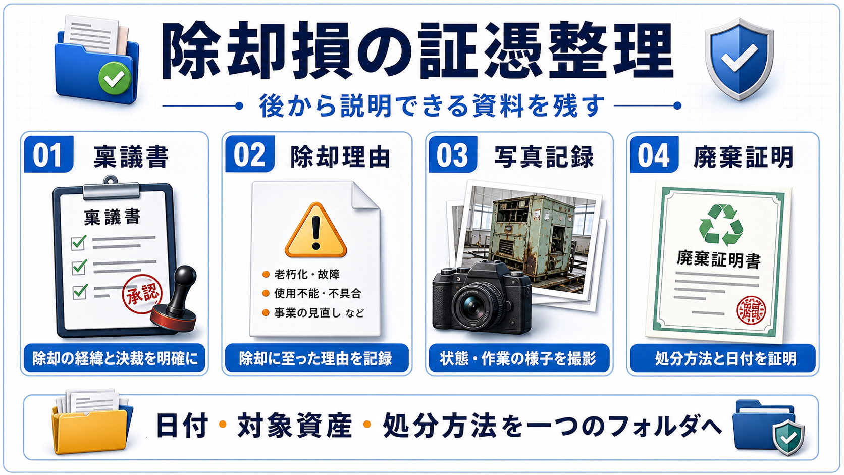 証憑・稟議・写真で残すべき資料の要点を整理した図
