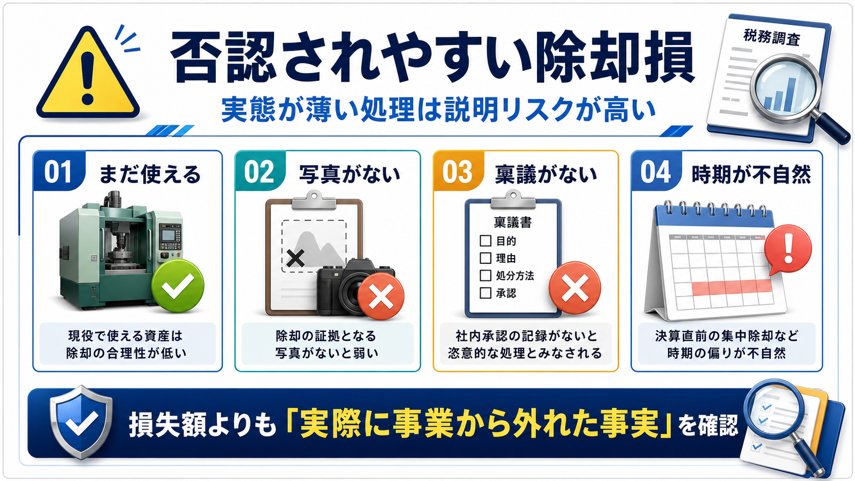 税務調査で否認されやすいケースの要点を整理した図