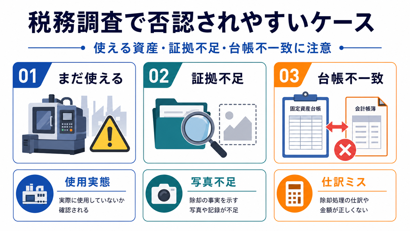 税務調査で否認されやすいケースの要点を整理した図