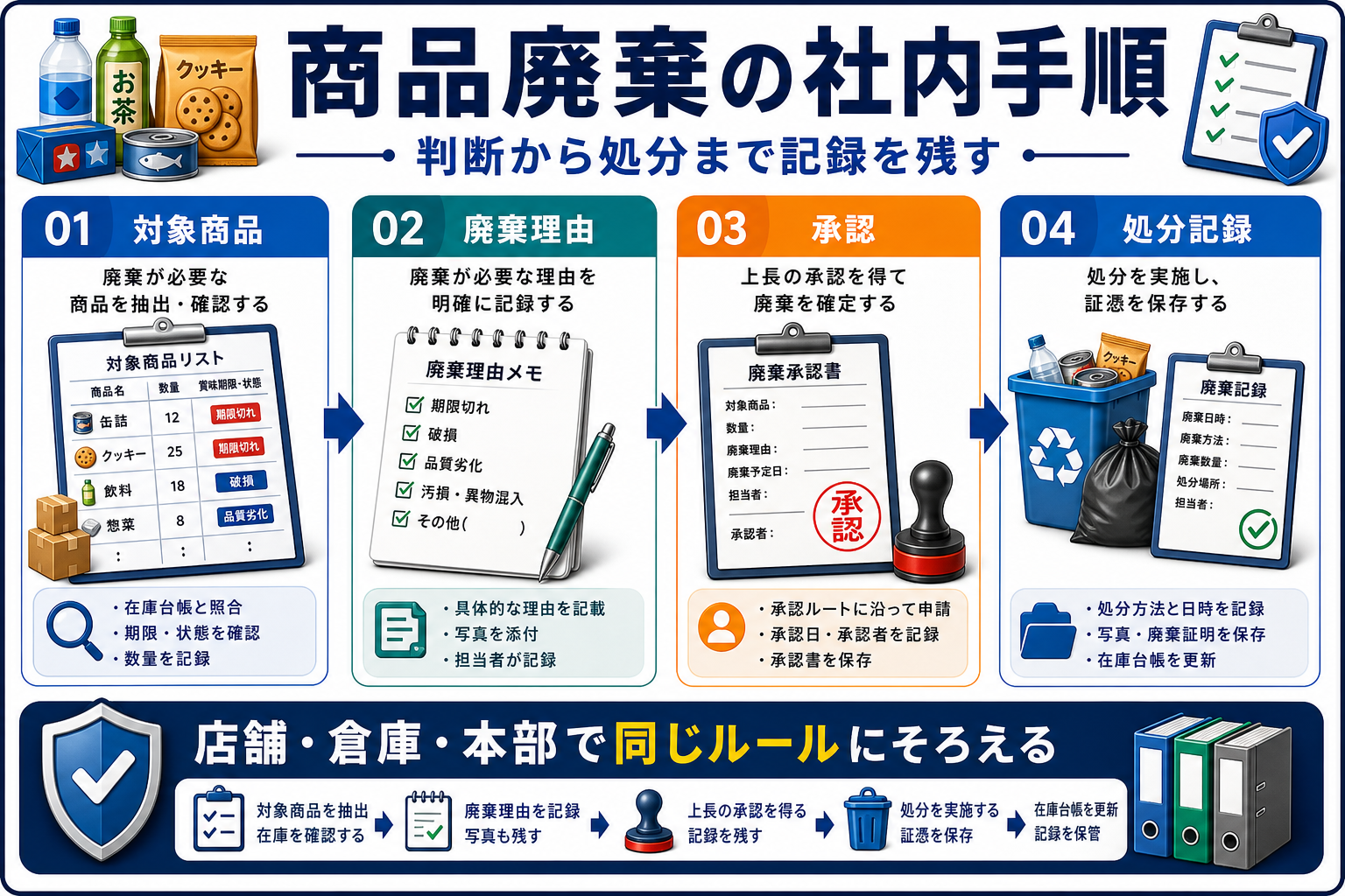 商品廃棄の社内手順の要点を整理した図