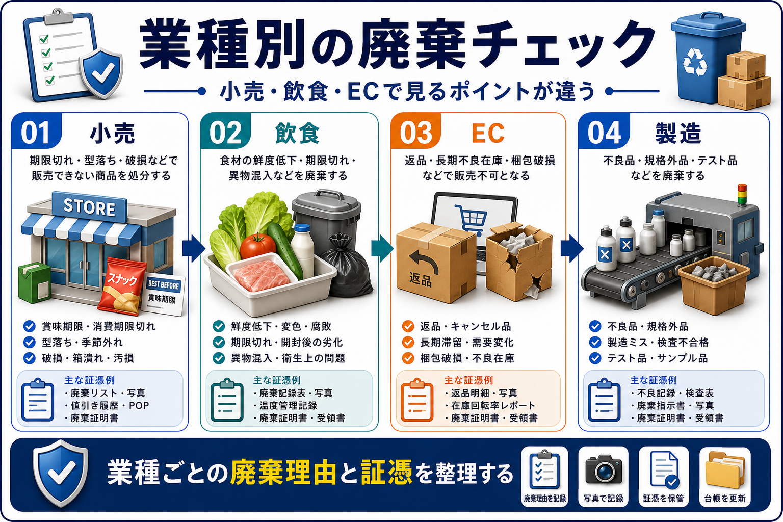 業種別の商品廃棄チェックの要点を整理した図