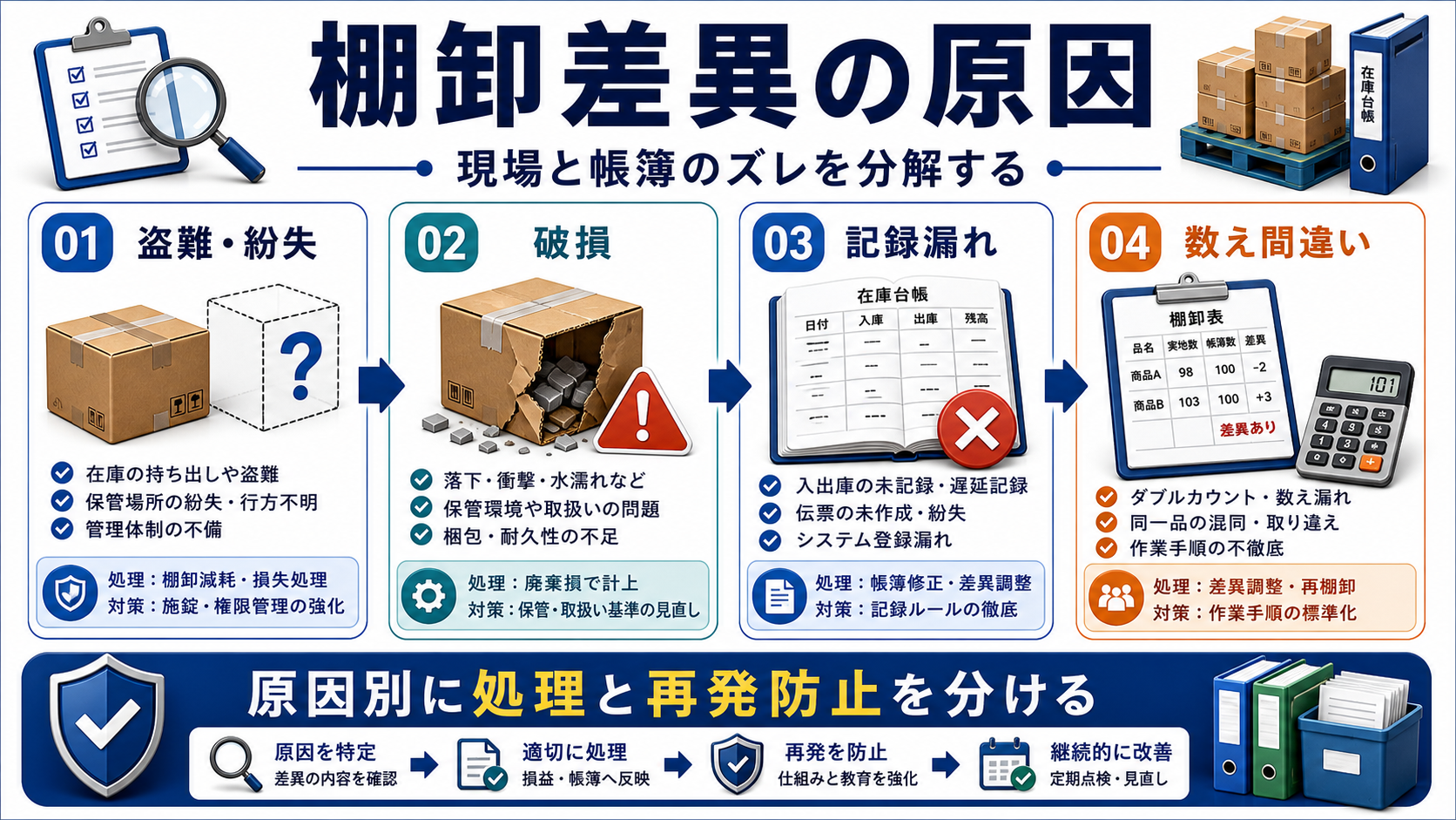 棚卸差異が起きる原因の要点を整理した図