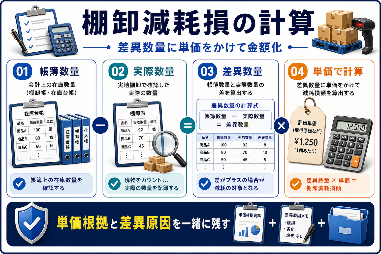 棚卸減耗損の計算方法の要点を整理した図