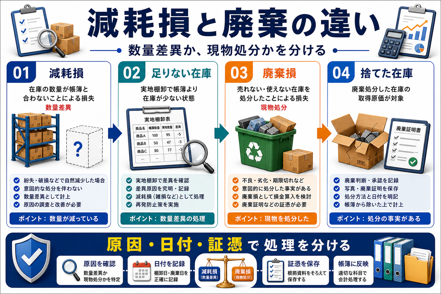 棚卸減耗損と商品廃棄の違いの要点を整理した図