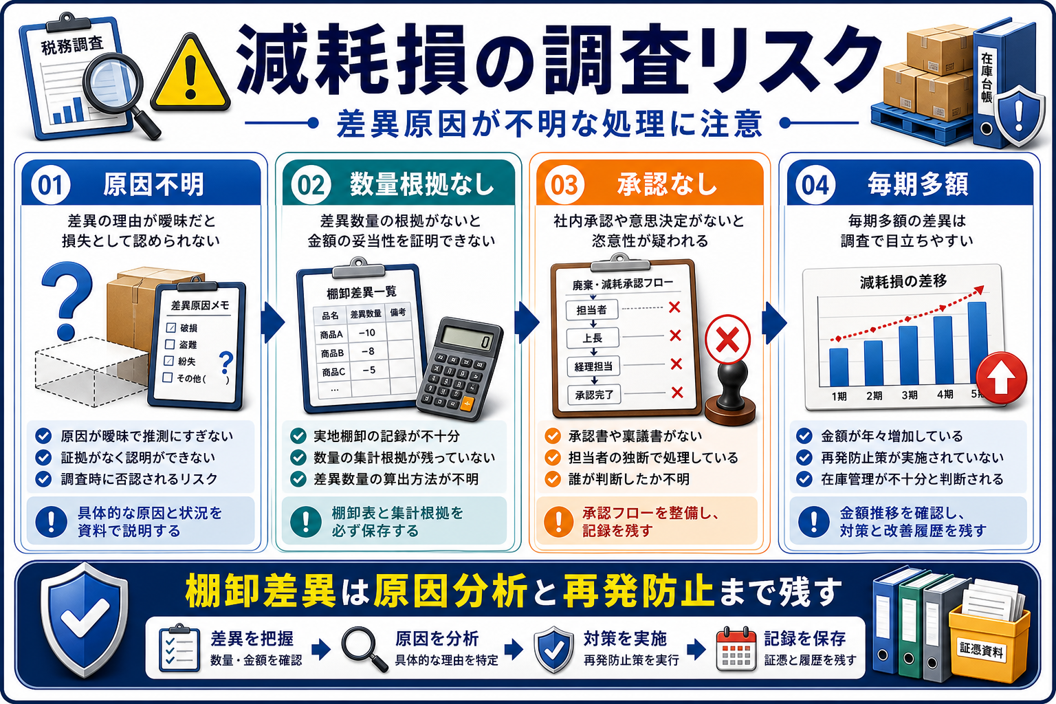 棚卸減耗損の税務調査リスクの要点を整理した図