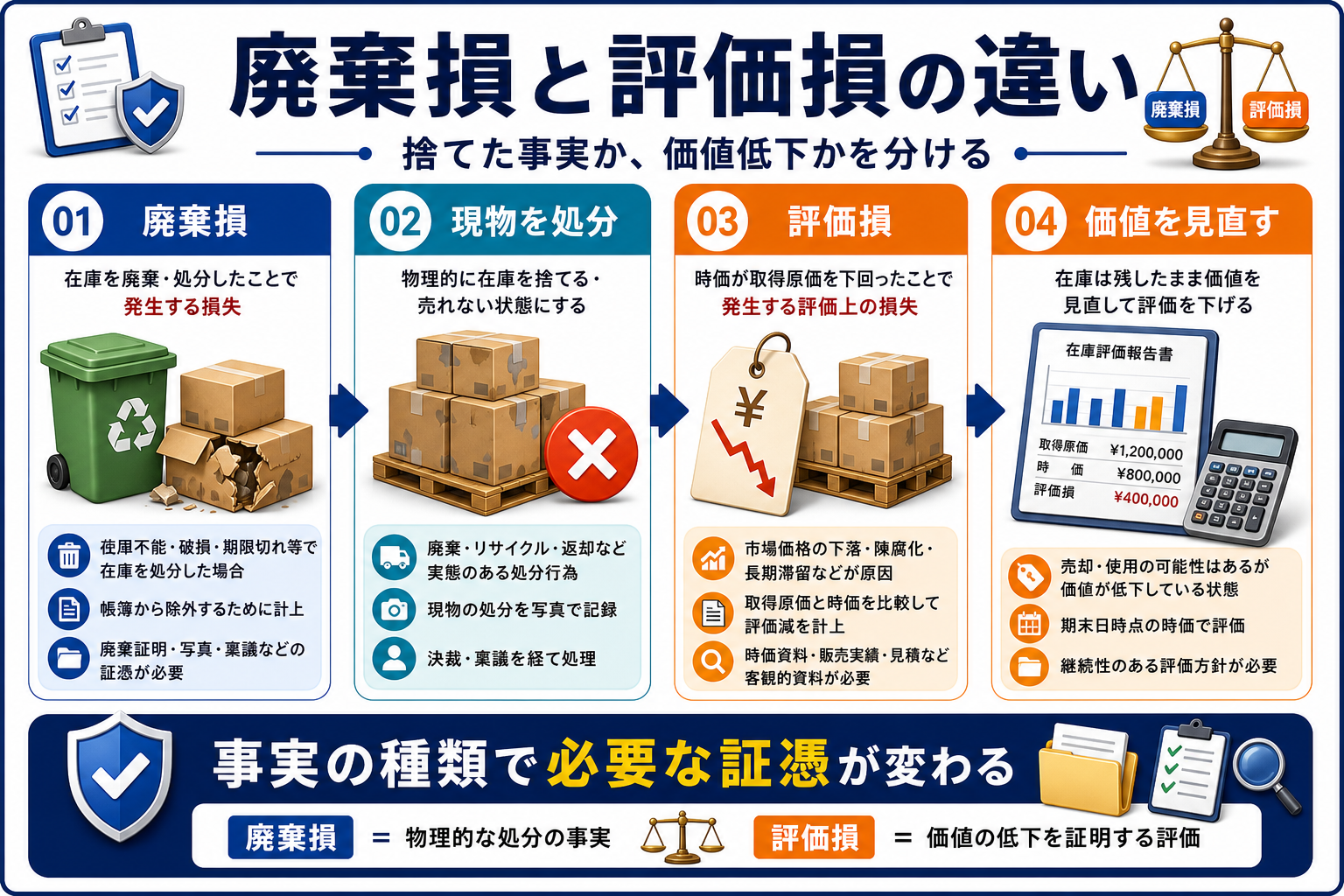 在庫廃棄損と在庫評価損の違いの要点を整理した図