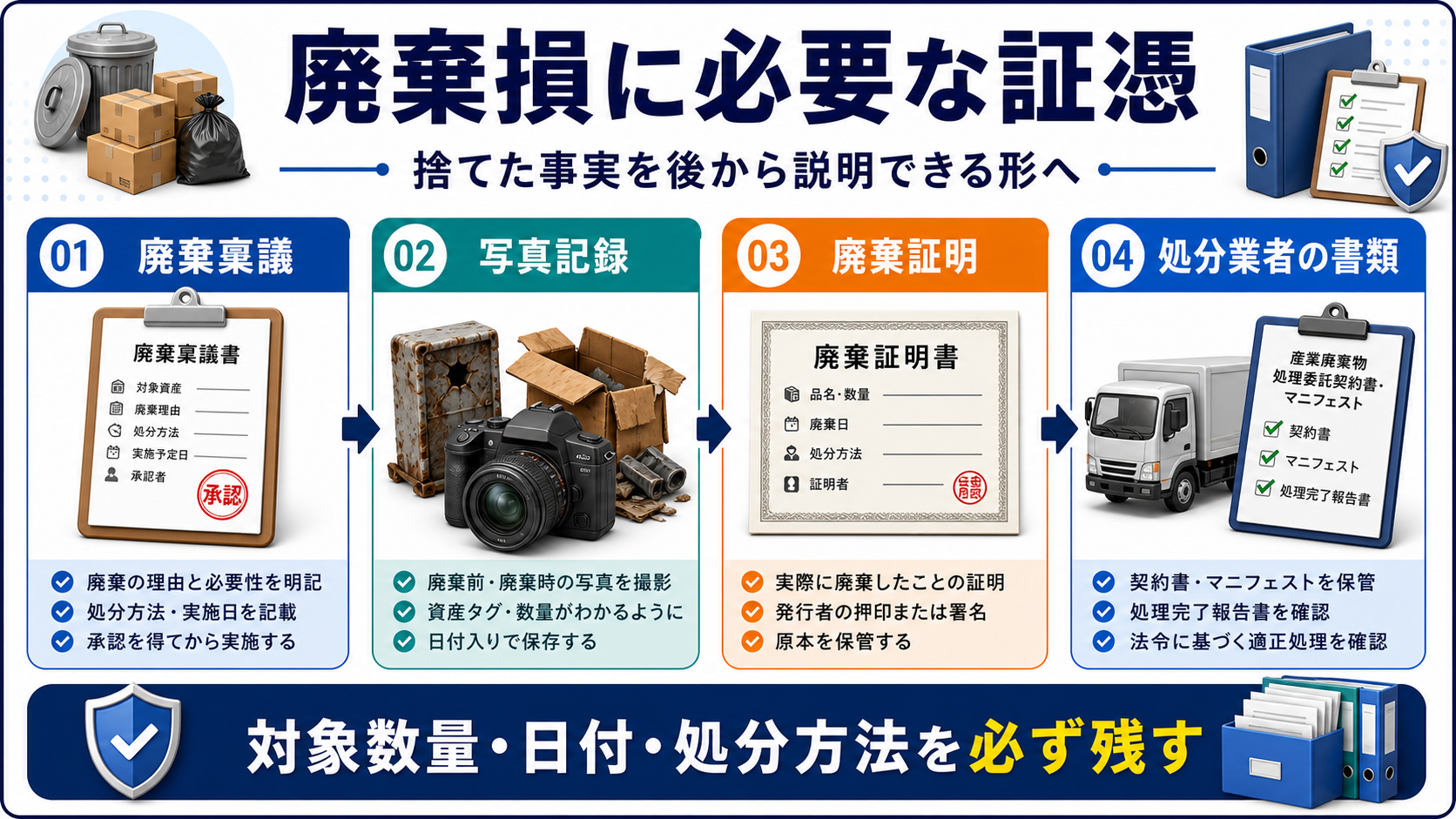 廃棄損に必要な証憑の要点を整理した図