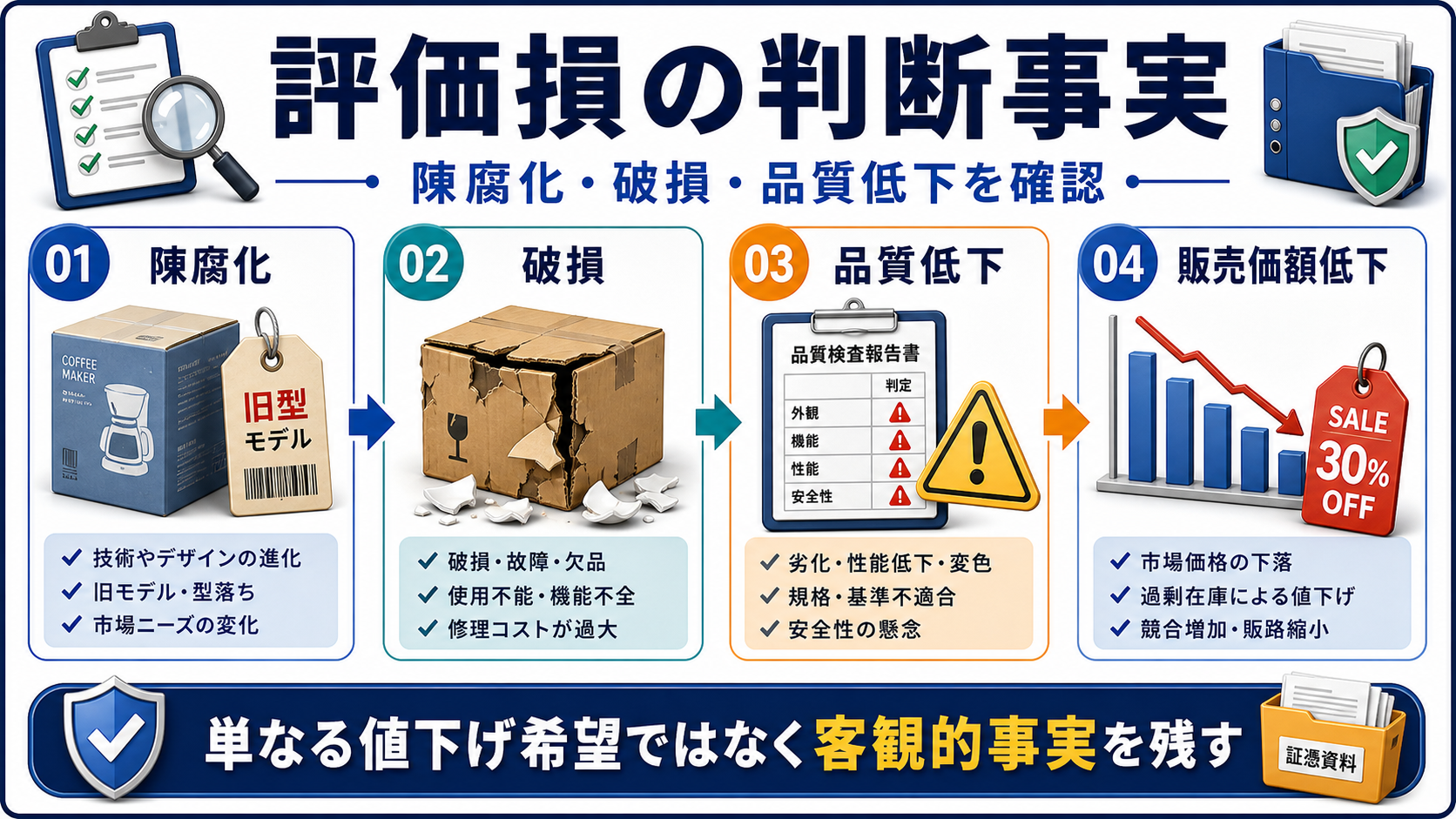 評価損が認められやすい事実の要点を整理した図
