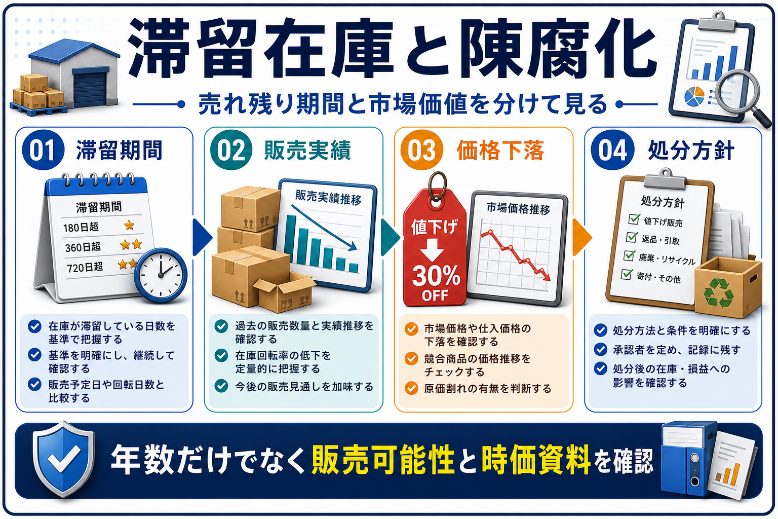 滞留在庫と陳腐化の見分け方の要点を整理した図