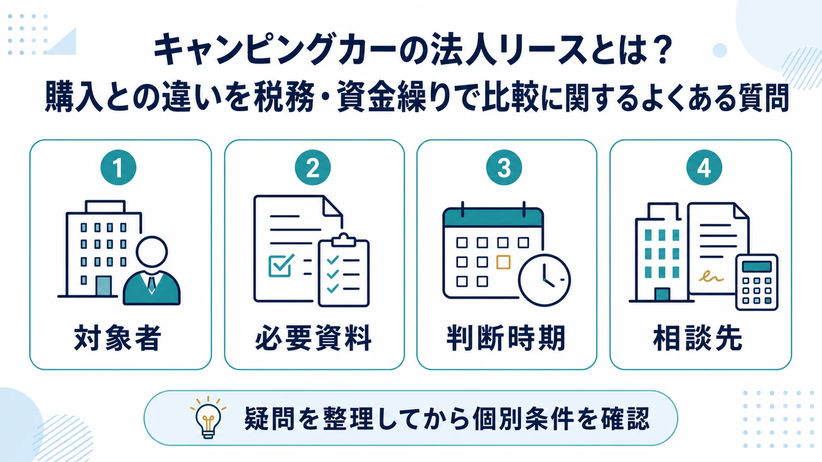 キャンピングカーの法人リースとは？購入との違いを税務・資金繰りで比較に関するよくある質問