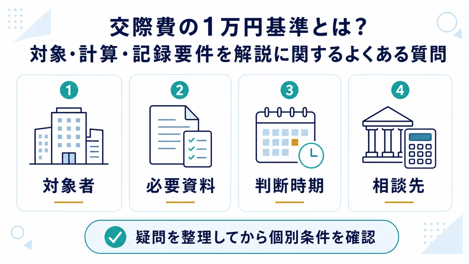 交際費の1万円基準とは？対象・計算・記録要件を解説に関するよくある質問