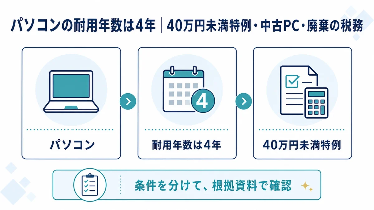 パソコンの耐用年数は4年｜40万円未満特例・中古PC・廃棄の税務