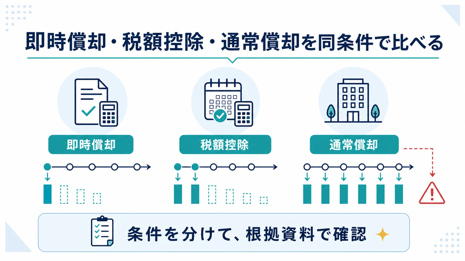 即時償却・税額控除・通常償却を同条件で比べる