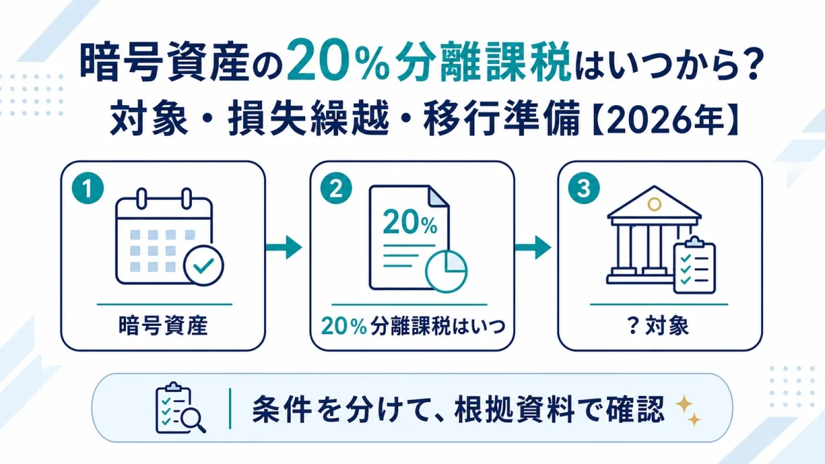 暗号資産の20％分離課税はいつから？対象・損失繰越・移行準備【2026年】