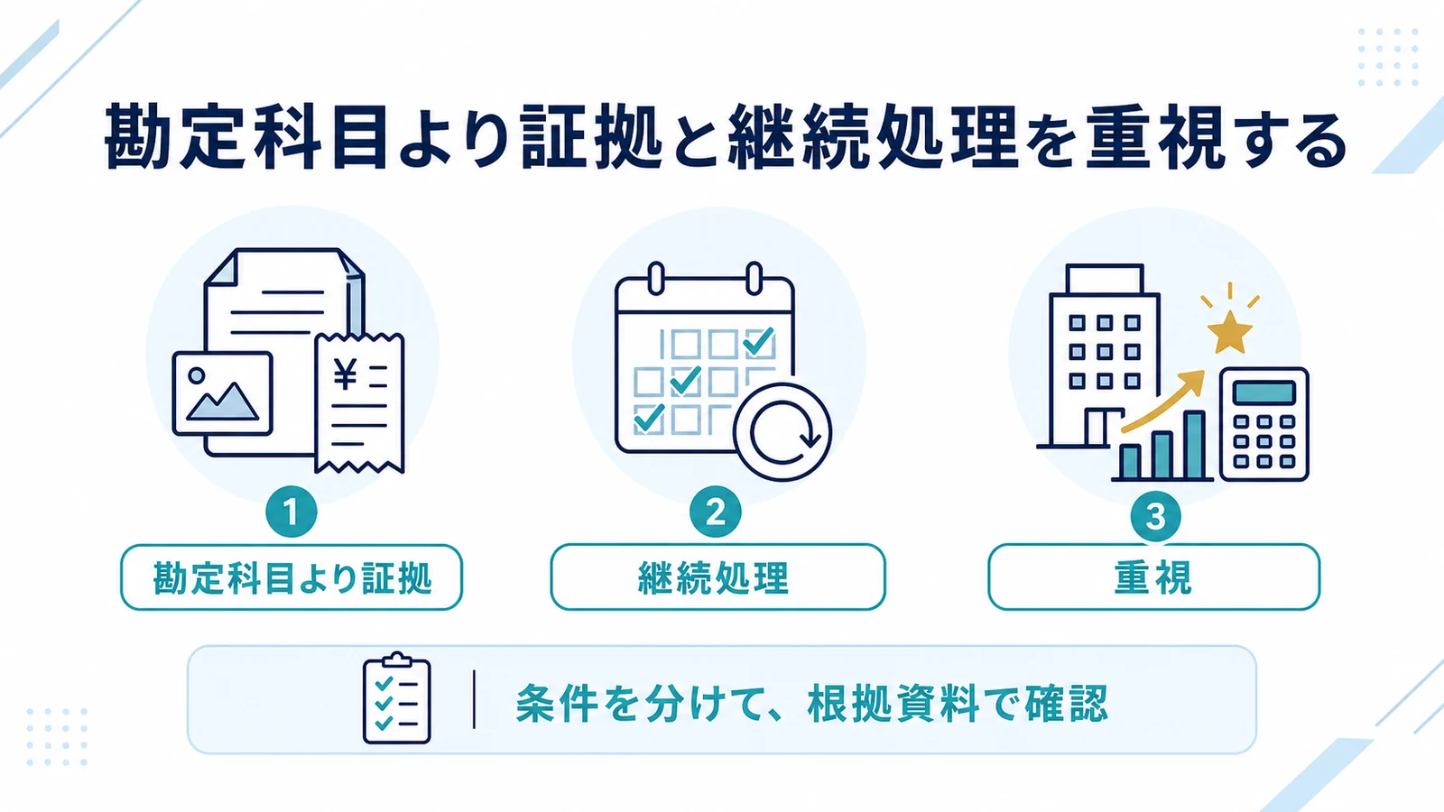 勘定科目より証拠と継続処理を重視する