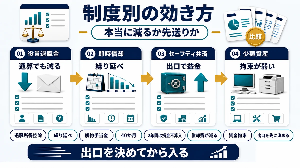 共済・即時償却・退職金・少額資産の効き方と出口を比較した図