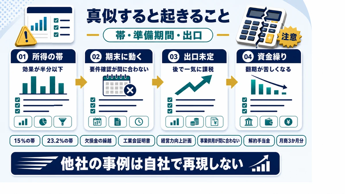 節税事例を模倣したときに起きやすい失敗のパターンを示した図