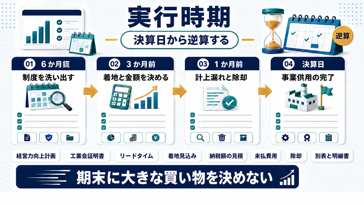 決算日から逆算した節税策の実行時期を示した図