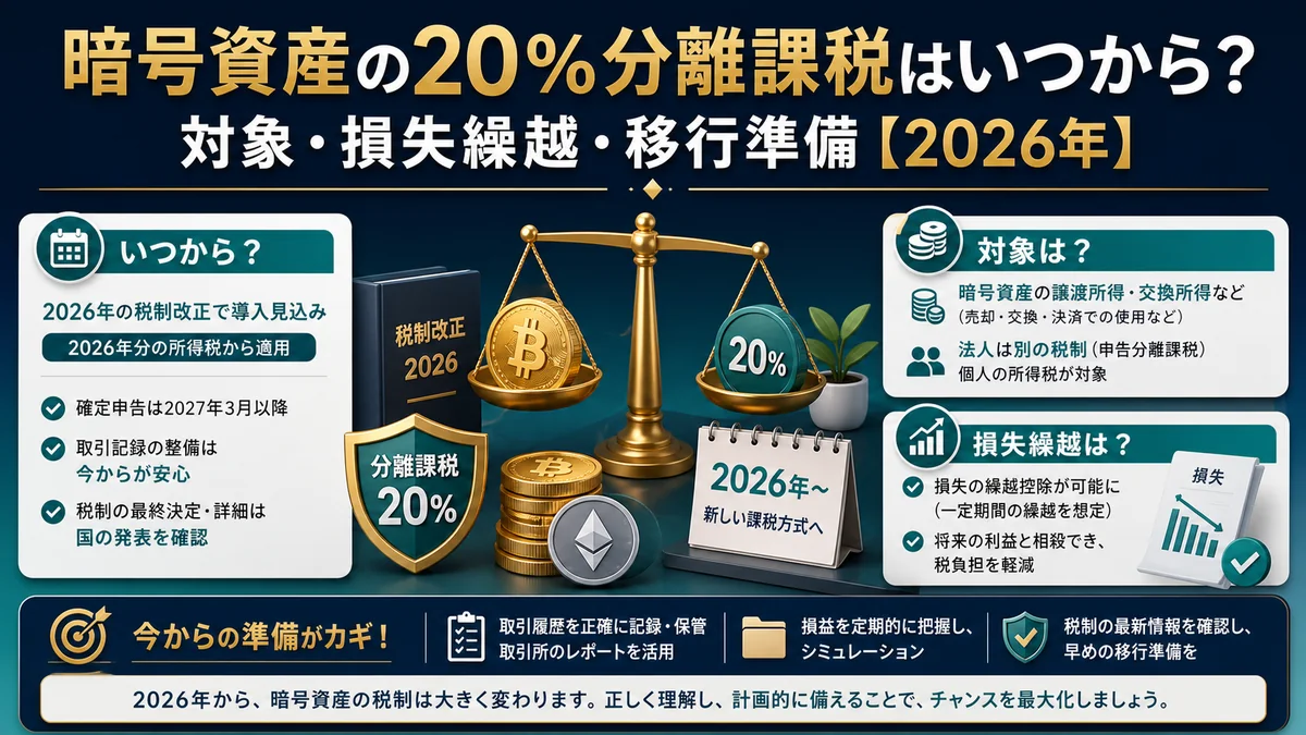 暗号資産の20％分離課税はいつから？対象・損失繰越・移行準備【2026年】