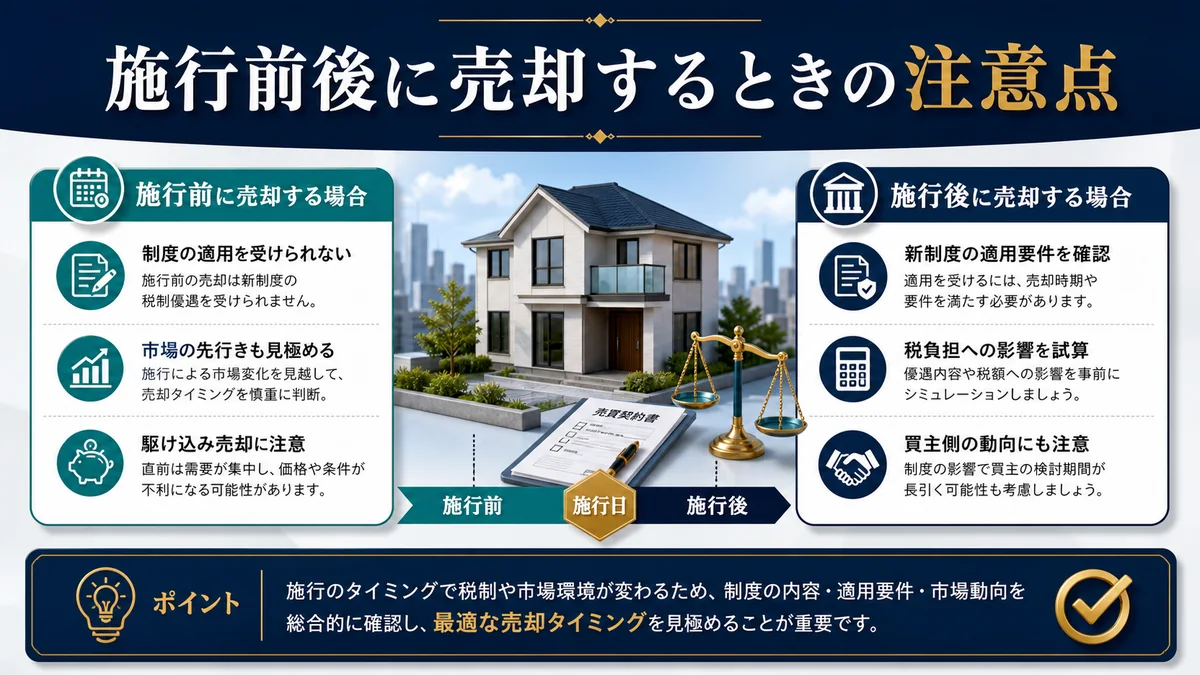 施行前後に売却するときの注意点