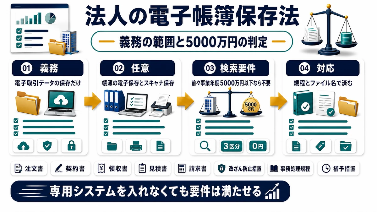 法人の電子帳簿保存法で義務となる範囲と検索要件の判定をまとめた図