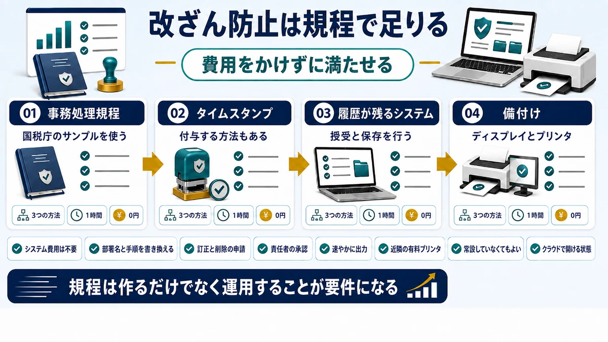 改ざん防止措置を事務処理規程で満たす方法を示した図