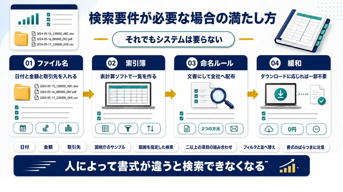 検索要件をファイル名や索引簿で満たす方法を示した図