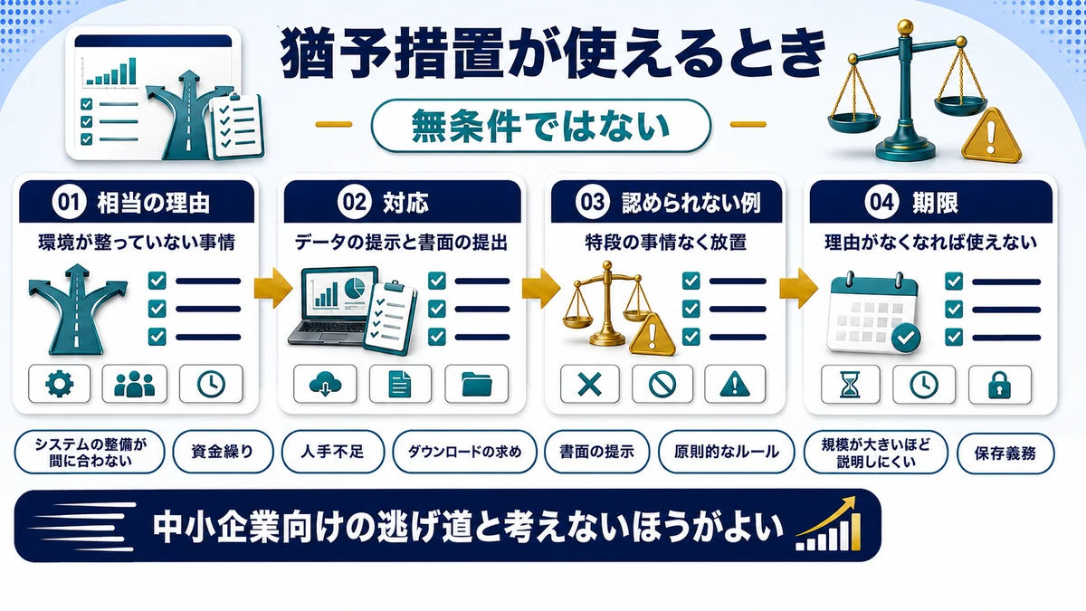 電子取引データ保存の猶予措置における相当の理由の判定を示した図