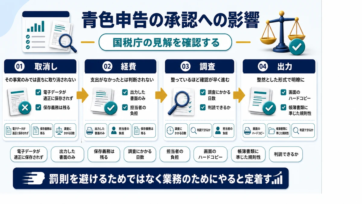 電子取引データの保存不備と青色申告の承認取消しの関係を示した図