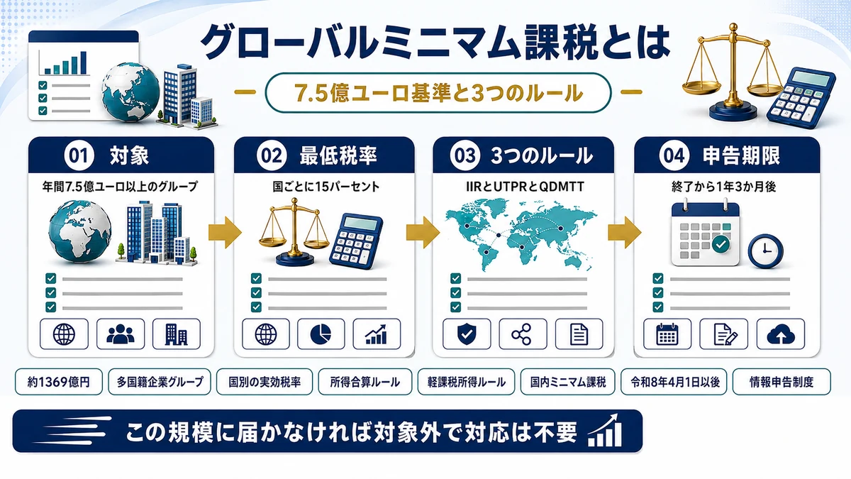 グローバルミニマム課税の対象基準と3つのルールをまとめた図
