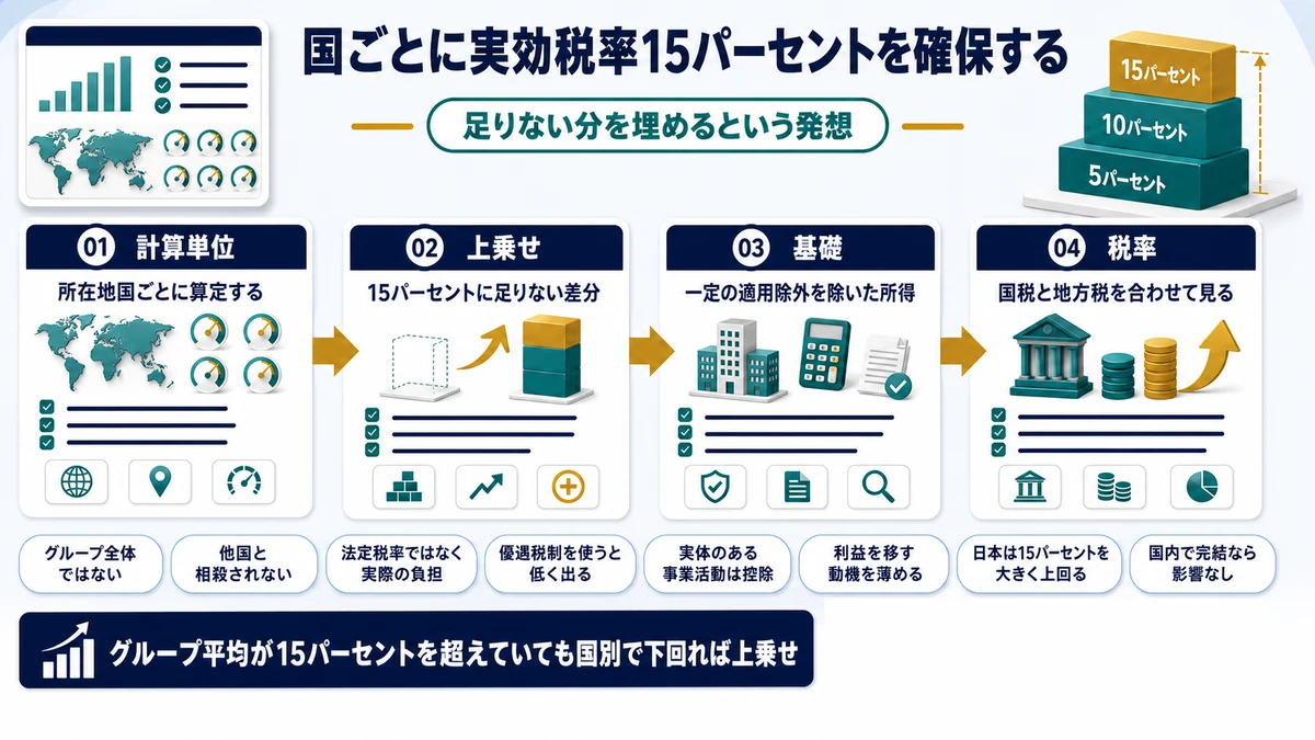 国ごとの実効税率が15％を下回る場合に上乗せ課税される仕組みを示した図