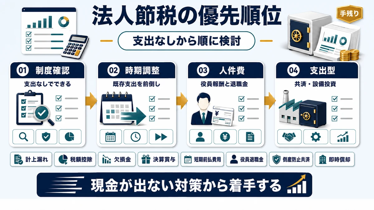 法人節税の優先順位を制度確認・時期調整・人件費・支出型の順で示した図