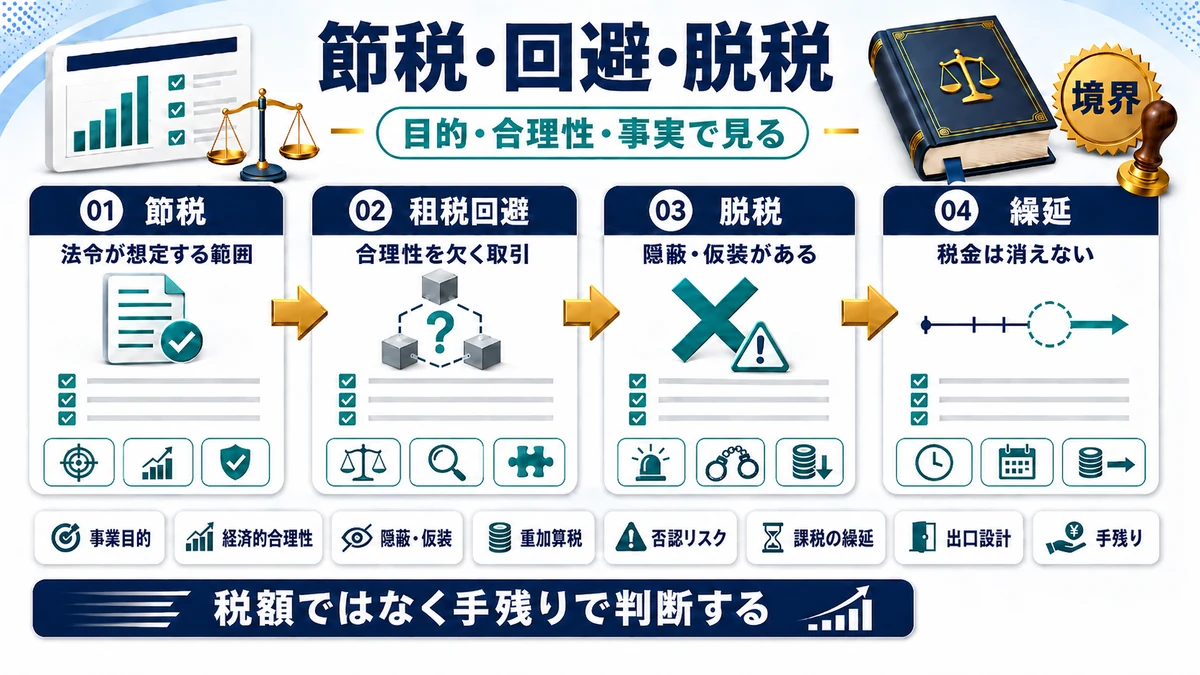 法人 節税とは？合法な節税と脱税・租税回避の境界の要点を整理した図
