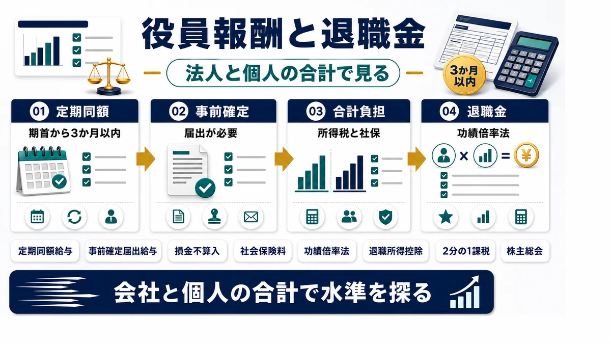 役員退職金スキームと「報酬の後ろ倒し戦略」の要点を整理した図