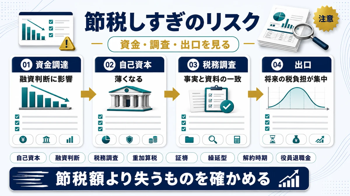 節税しすぎが招くリスクと税務調査で見られる点の要点を整理した図