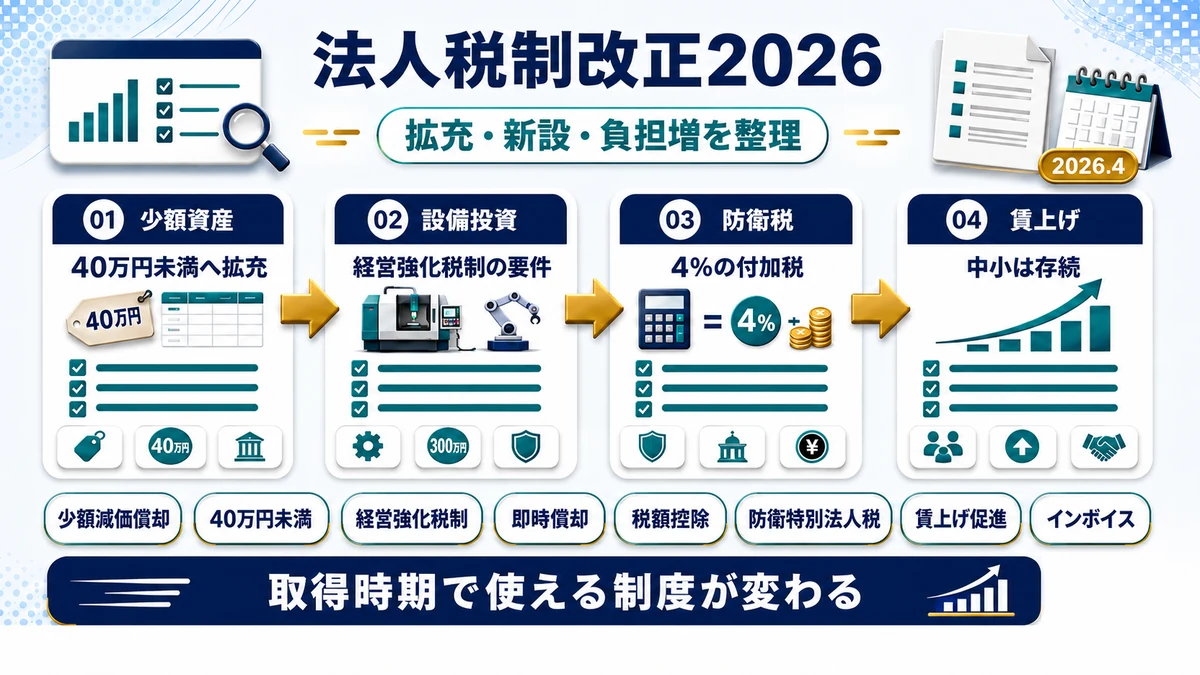 法人税制改正2026で中小企業に影響する主要項目をまとめた図