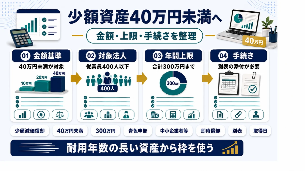 少額減価償却資産の特例が40万円未満へ拡充されるの要点を整理した図