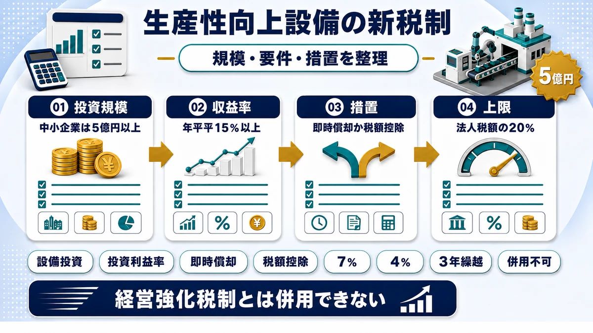 特定生産性向上設備等投資促進税制が新設されるの要点を整理した図