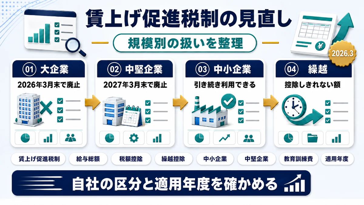 賃上げ促進税制の見直しで中小企業に残る措置の要点を整理した図