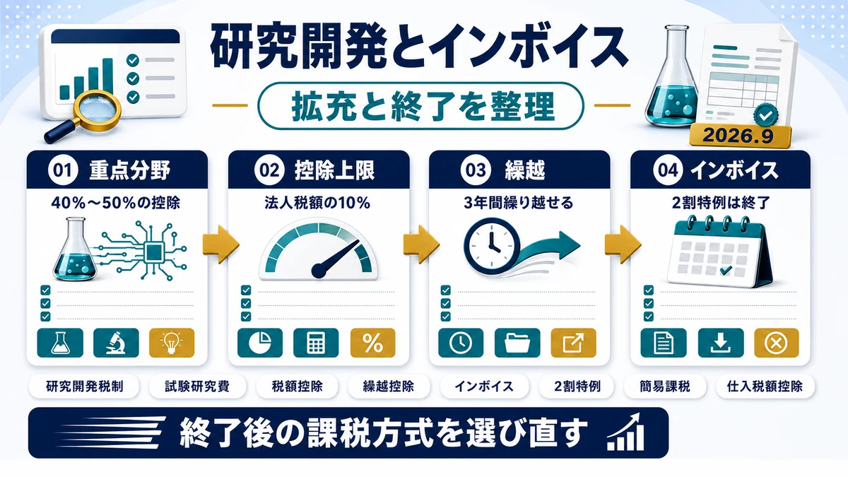 研究開発税制の拡充とインボイス2割特例の終了の要点を整理した図