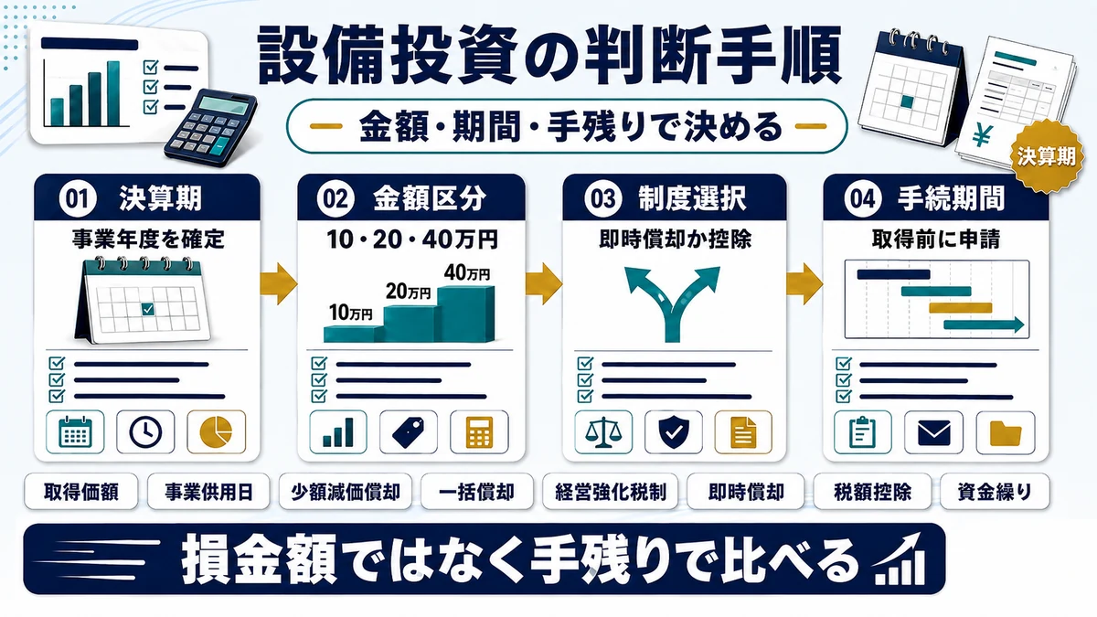 法人税制改正 2026を踏まえた設備投資の判断手順の要点を整理した図